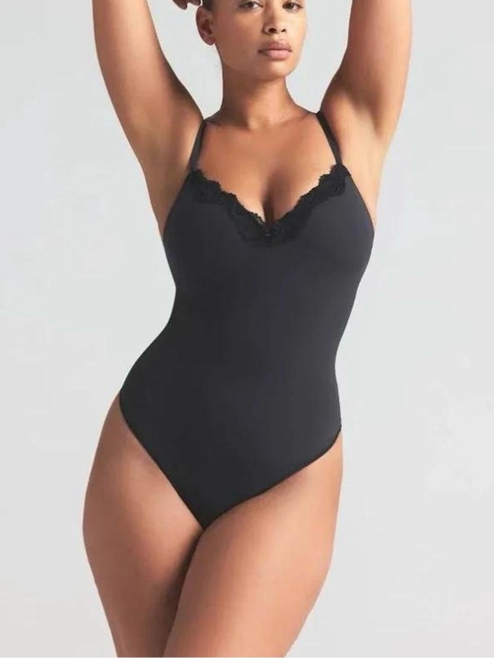 SKIMS Black Lace-Trim Shaping Bodysuit
